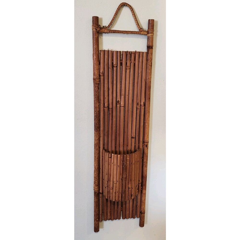 Vtg Wood Bamboo Tiki Hanging wall Pocket Planter mid century boho mcm